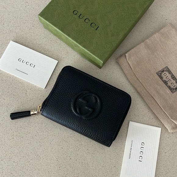$985 NEW Authentic GUCCI Black Gold Soho Wallet Card Holder Tassel Leather - Picture 4 of 14